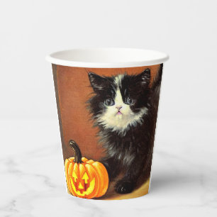 Vasos De Papel Gatito de Halloween blanco y negro vintage