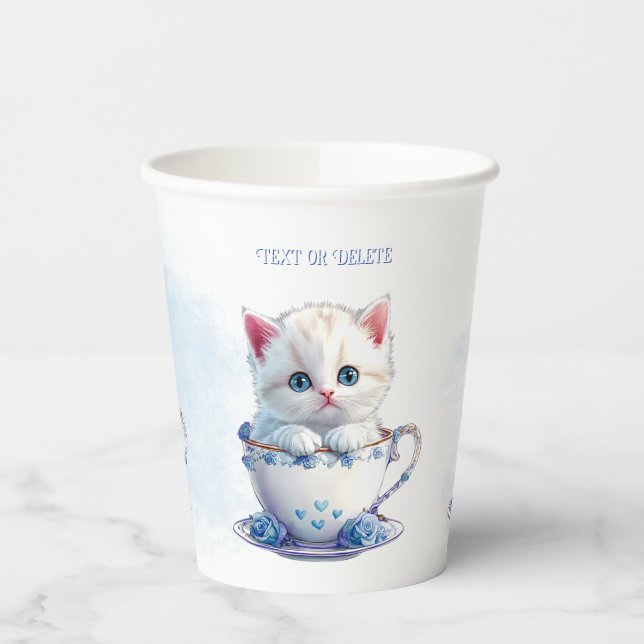 Vasos De Papel Gatito en tazas de papel con flores azules (Izquierda)