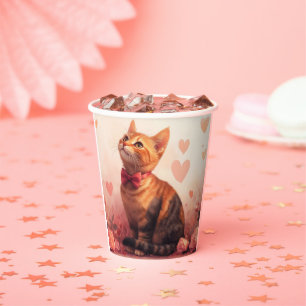 Vasos De Papel Gato abisinio con rosas - Día de San Valentín