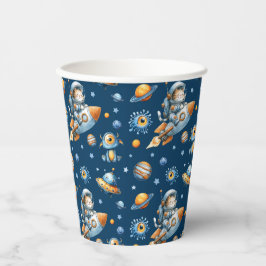 Vasos De Papel Gato Astronauta Lindo Patrón Galaxia Espacio Azul 