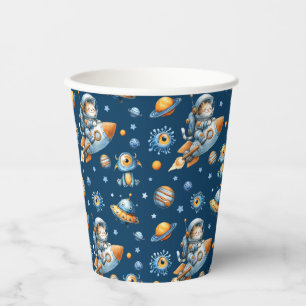 Vasos De Papel Gato Astronauta Lindo Patrón Galaxia Espacio Azul