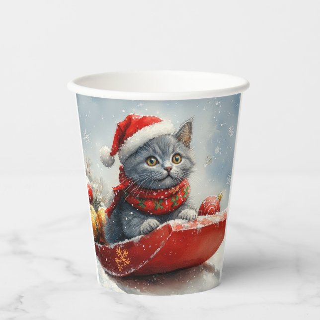 Vasos De Papel Gato azul ruso en duelo deja que nieva a Navidades (Anverso)
