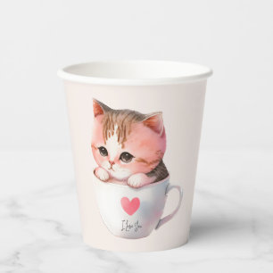Vasos De Papel Gato blanco-rosado en una taza de té (2)