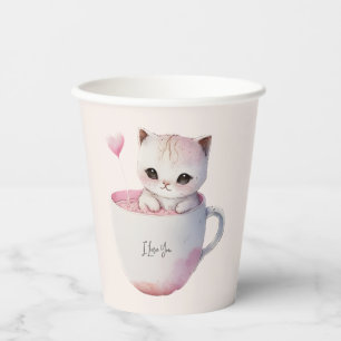 Vasos De Papel Gato blanco-rosado en una taza de té (4)