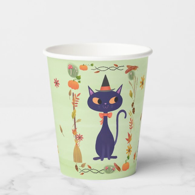 Vasos De Papel Gato bruja de Halloween lindo verde (Reverso )