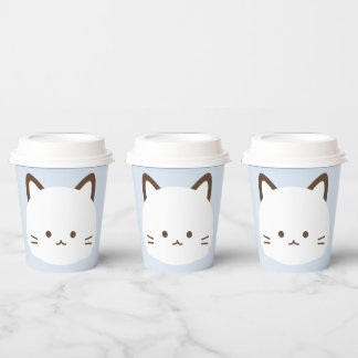 Vasos De Papel Gato de cara linda con fondo azul pastel