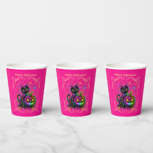 Vasos De Papel Gato de Halloween Leopardo Neon y Fiesta de Calaba