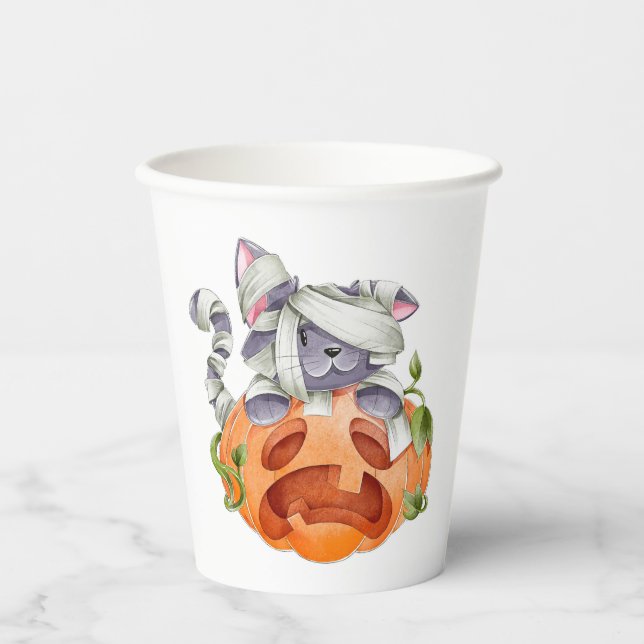 Vasos De Papel Gato de Halloween y calabaza (Anverso)
