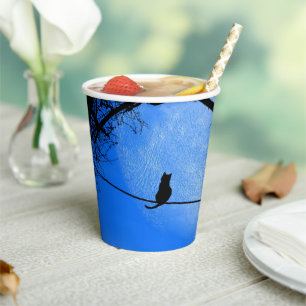 Vasos De Papel Gato en una luna azul con cable