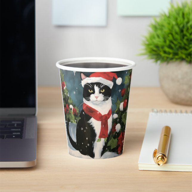 Vasos De Papel Gato Esmoquin en Navidad con Nieve (in situ)