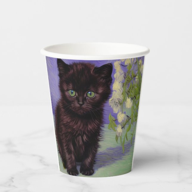 Vasos De Papel Gato estilo Van Gogh con flores blancas (Anverso)