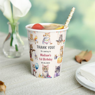 Vasos De Papel Gato Kitty 1 cumpleaños