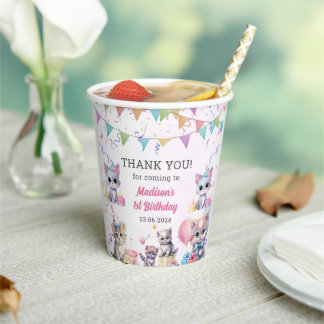 Vasos De Papel Gato Kitty 1 cumpleaños