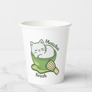 Vasos De Papel Gato lindo con bebida de matcha