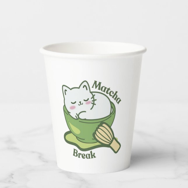 Vasos De Papel Gato lindo con bebida de matcha (Anverso)