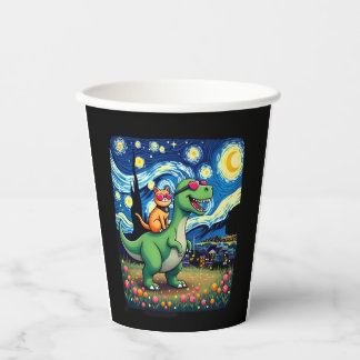 Vasos De Papel Gato montando dinosaurio T-Rex Noche estrellada Am