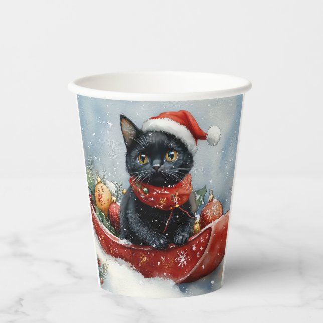 Vasos De Papel Gato negro con manchas deja que nieve Navidades (Anverso)