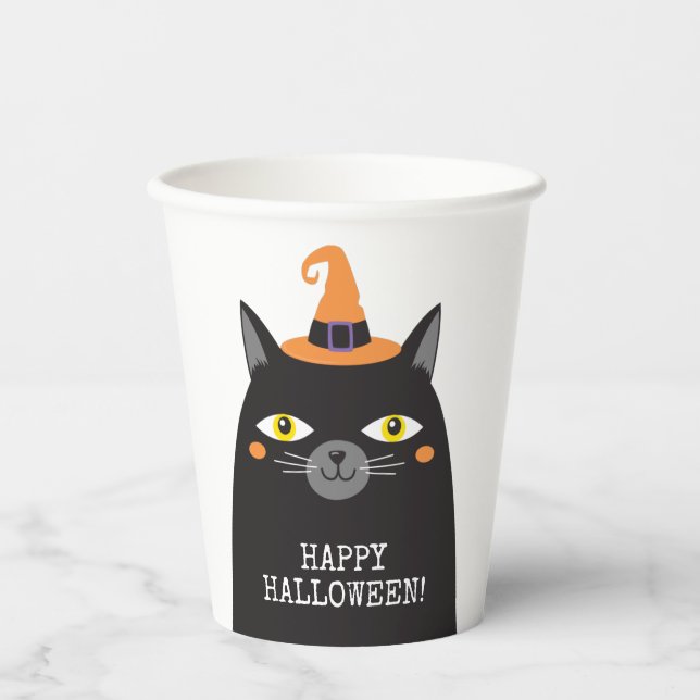 Vasos De Papel Gato negro de Halloween personalizado y caprichoso (Anverso)