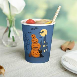 Vasos De Papel Gato negro de Halloween y calabazas