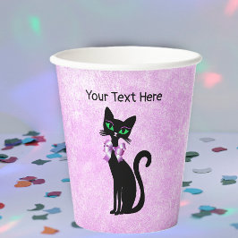 Vasos De Papel Gato negro elegante con lazo rosa bonito ojos verd