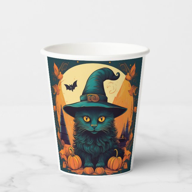 Vasos De Papel Gato negro en un Gorra de brujas (Anverso)