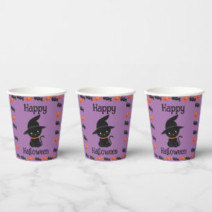 Vasos De Papel Gato negro lindo en sombrero de bruja Feliz Hallow