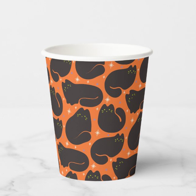 Vasos De Papel Gato Negro Retro en Naranja (Anverso)
