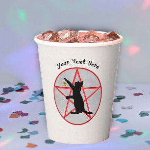 Vasos De Papel Gato negro sobre los símbolos de bruja de pentagra