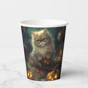Vasos De Papel Gato persa de Halloween con calabazas aterradoras