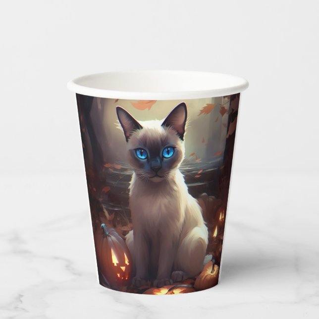 Vasos De Papel Gato siamés de Halloween con calabazas aterradoras (Anverso)