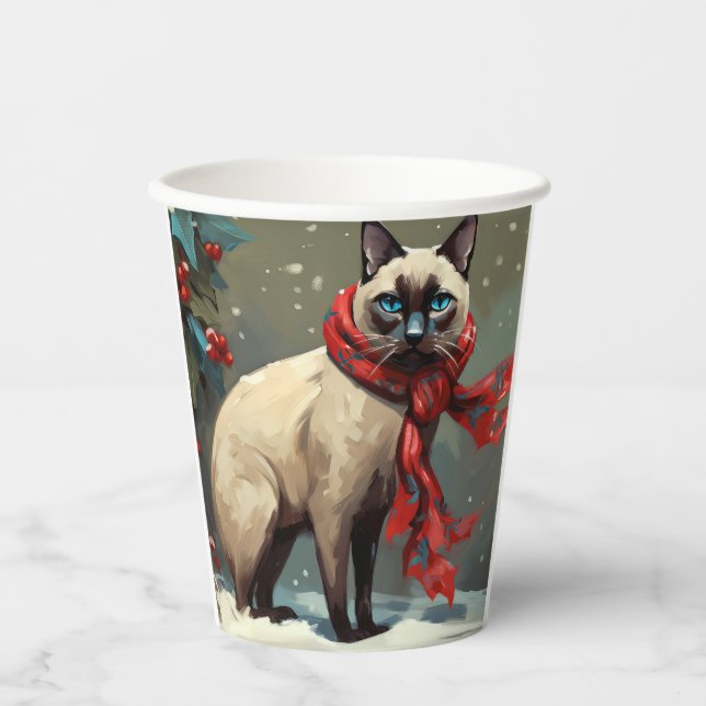 Vasos De Papel Gato siamés en Navidades de nieve (Anverso)