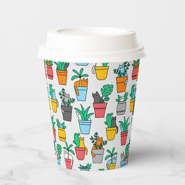 Vasos De Papel Gatos en macetas de flores (Anverso)
