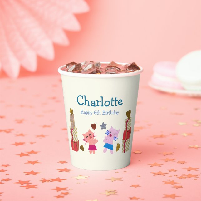 Vasos De Papel Gatos juguetones con regalos Niños Amarillos Fiest (in situ)