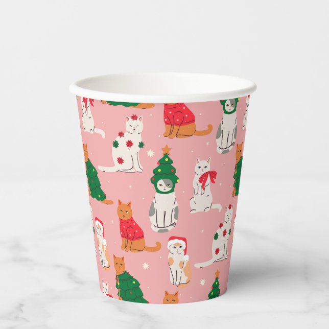 Vasos De Papel Gatos navidades en patrón de vestimenta festiva (Anverso)
