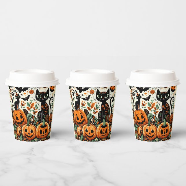 Vasos De Papel Gatos negros, calabazas y murciélagos caprichosos (Multi)