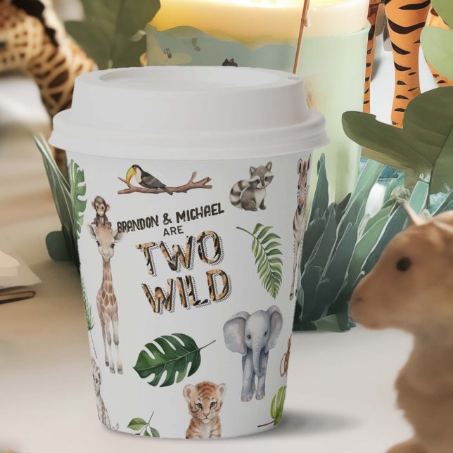 Vasos De Papel Gemelos animales del safari de la jungla Dos cumpl (Two Wild 2nd birthday party paper cups for twins birthday party)