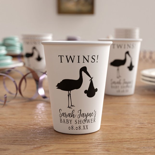 Vasos De Papel Gemelos de cigüeñas: Cuadros de papel de Baby Show (A stylish black and white stork baby shower paper cup perfect for your twin baby shower)