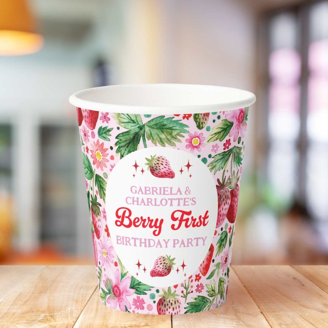 Vasos De Papel Gemelos Juntos Fresa Berry Chicas de primer cumple (Twins Joint Strawberry Berry 1st Birthday Girls Paper Cups)