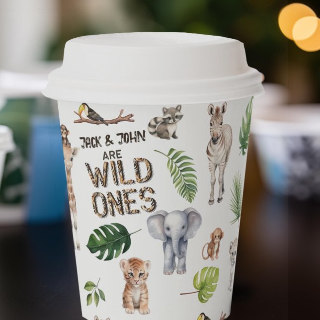 Vasos De Papel Gemelos Safari animales salvajes un niño primer cu (Twins wild one, baby boys 1st birthday party paper cups)