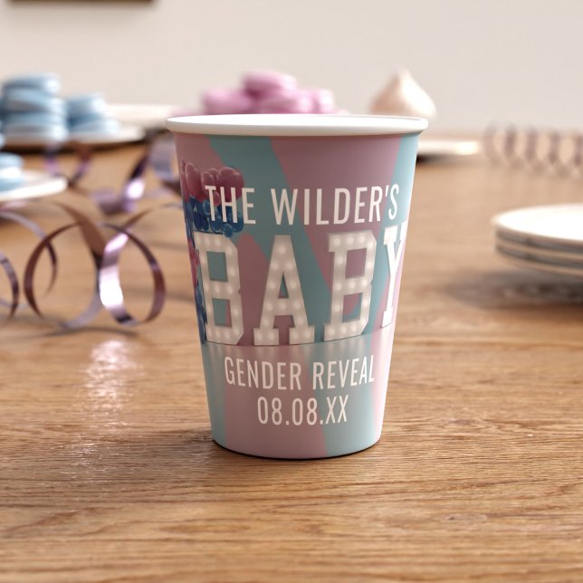 Vasos De Papel Género rosa y azul revelan tazas de papel de Baby  (Pink and blue gender reveal party paper cup just for you. Add your name)