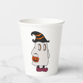 Vasos De Papel Ghost holding pumpkin and wearing witch hat
