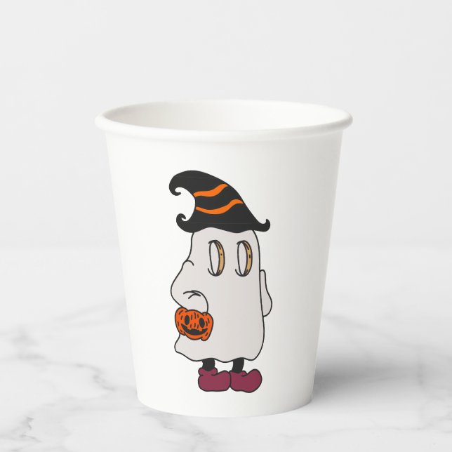 Vasos De Papel Ghost holding pumpkin and wearing witch hat (Anverso)