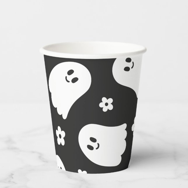 Vasos De Papel Ghost negro y blanco Groovy y taza de papel con fl (Anverso)