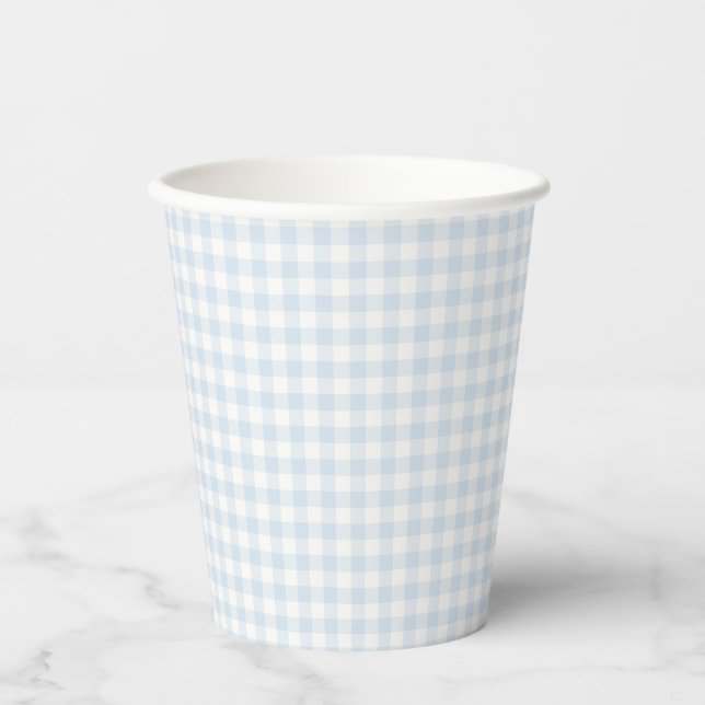 Vasos De Papel Gingham Clásico de Primavera | Azul Polvo (Anverso)