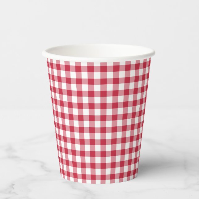 Vasos De Papel Gingham Clásico Rojo Cereza (Anverso)