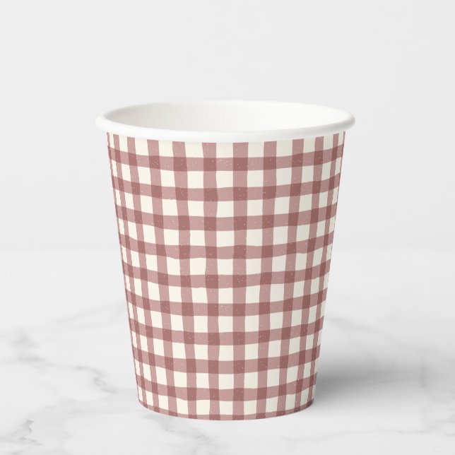 Vasos De Papel Gingham de Arándano Rojo Granate (Anverso)