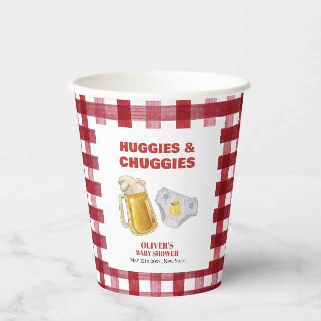 Vasos De Papel Gingham Huggies Chuggies Beer Diaper Baby Shower  (Anverso)