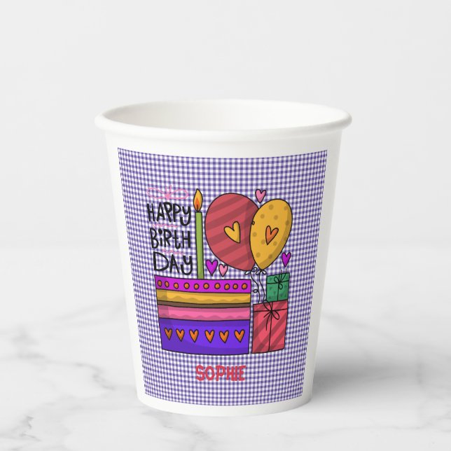 Vasos De Papel Gingham Purple & Red Birday (Anverso)