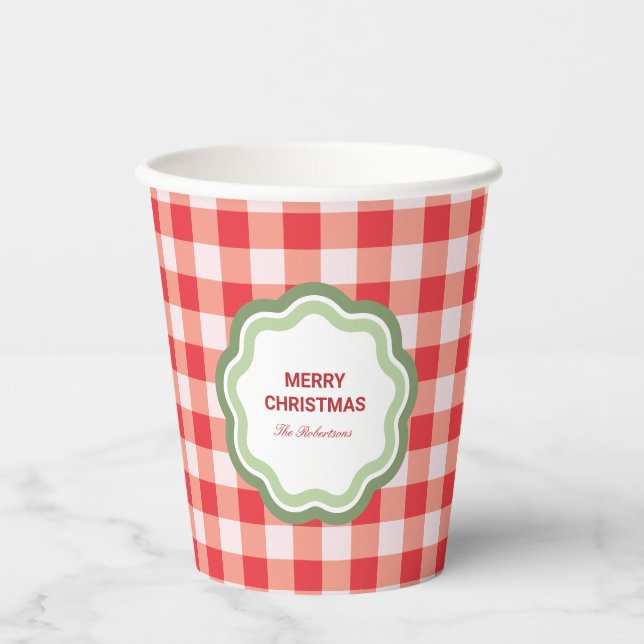 Vasos De Papel Gingham Rojo con Marco Verde Ondulado Personalizad (Anverso)