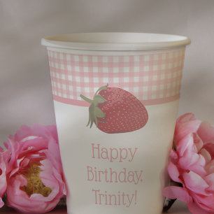 Vasos De Papel Gingham rosa y fresas rojas